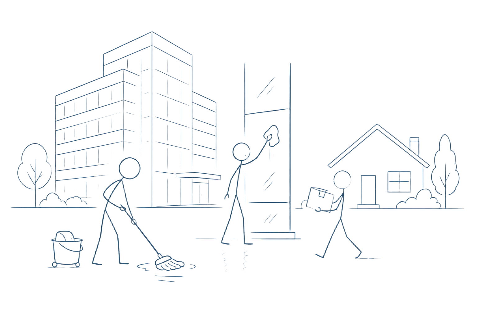 Stick-figure Illustration: Reinigung, Fenster, Entrümpelung vor Büro- und Wohngebäude